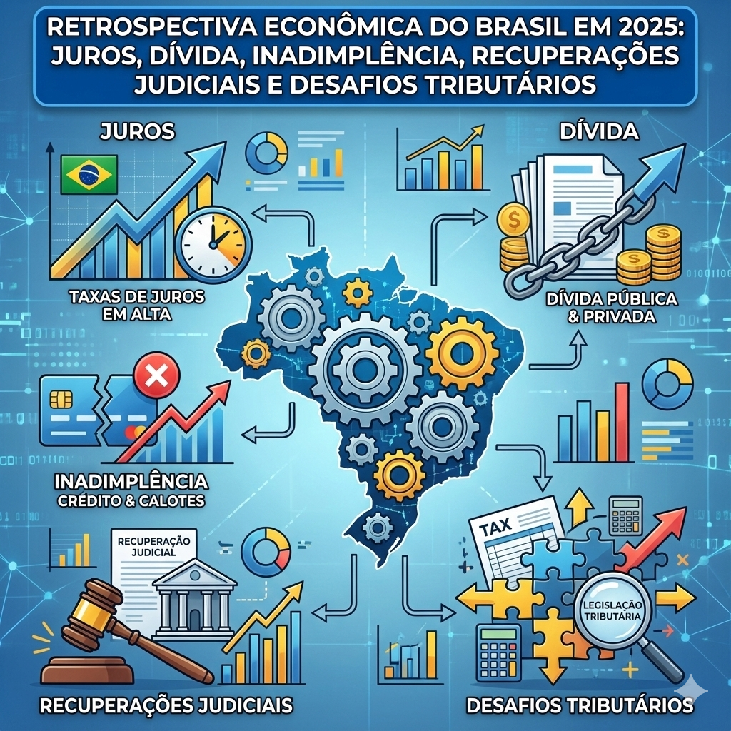 Retrospectiva Econômica do Brasil em 2025: Juros, Dívida, Inadimplência, Recuperações Judiciais e Desafios Tributários